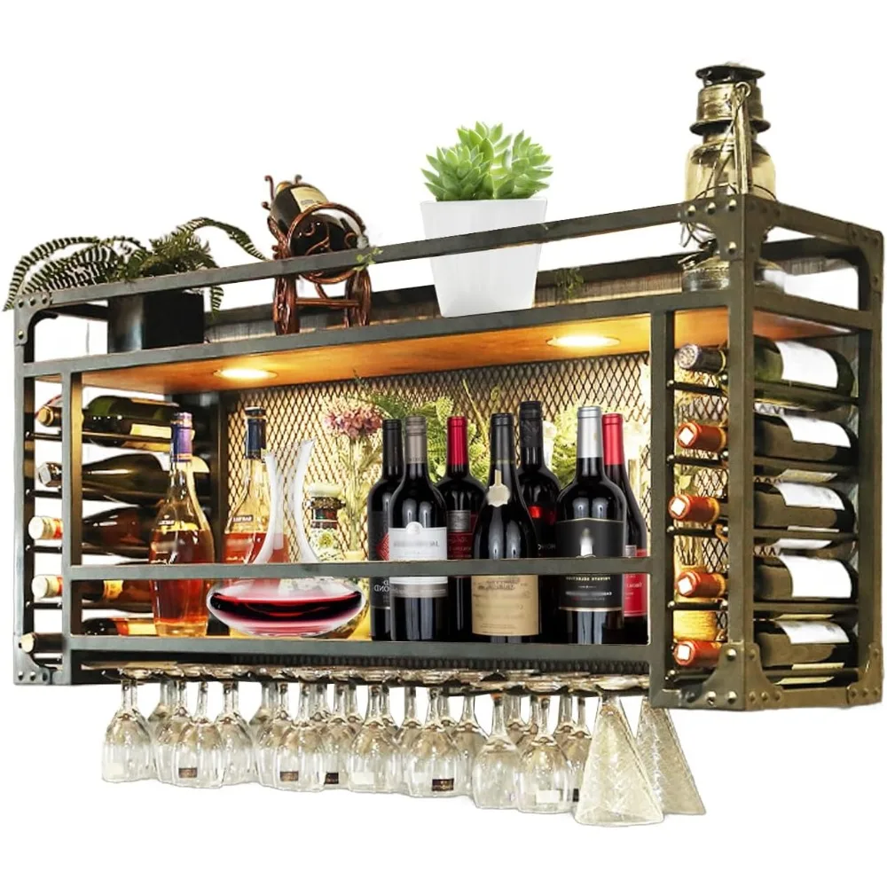 

55in Wall mounted wine rack with LED light, Hanging Wine Bottle Holder Ceiling, 2-Layer Liquor Bottle and Glass Holder Display