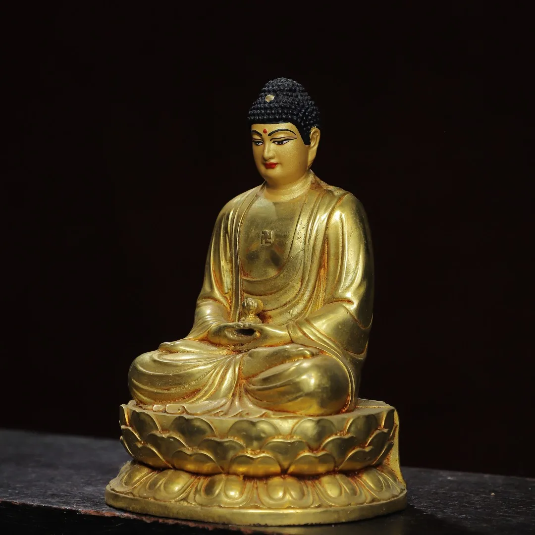 7"Tibetan Temple Collection Old Bronze Gilded Cinnabars Mosaic Gem Shakyamuni Buddha AmitabhaLotus Terrace Worship Hall