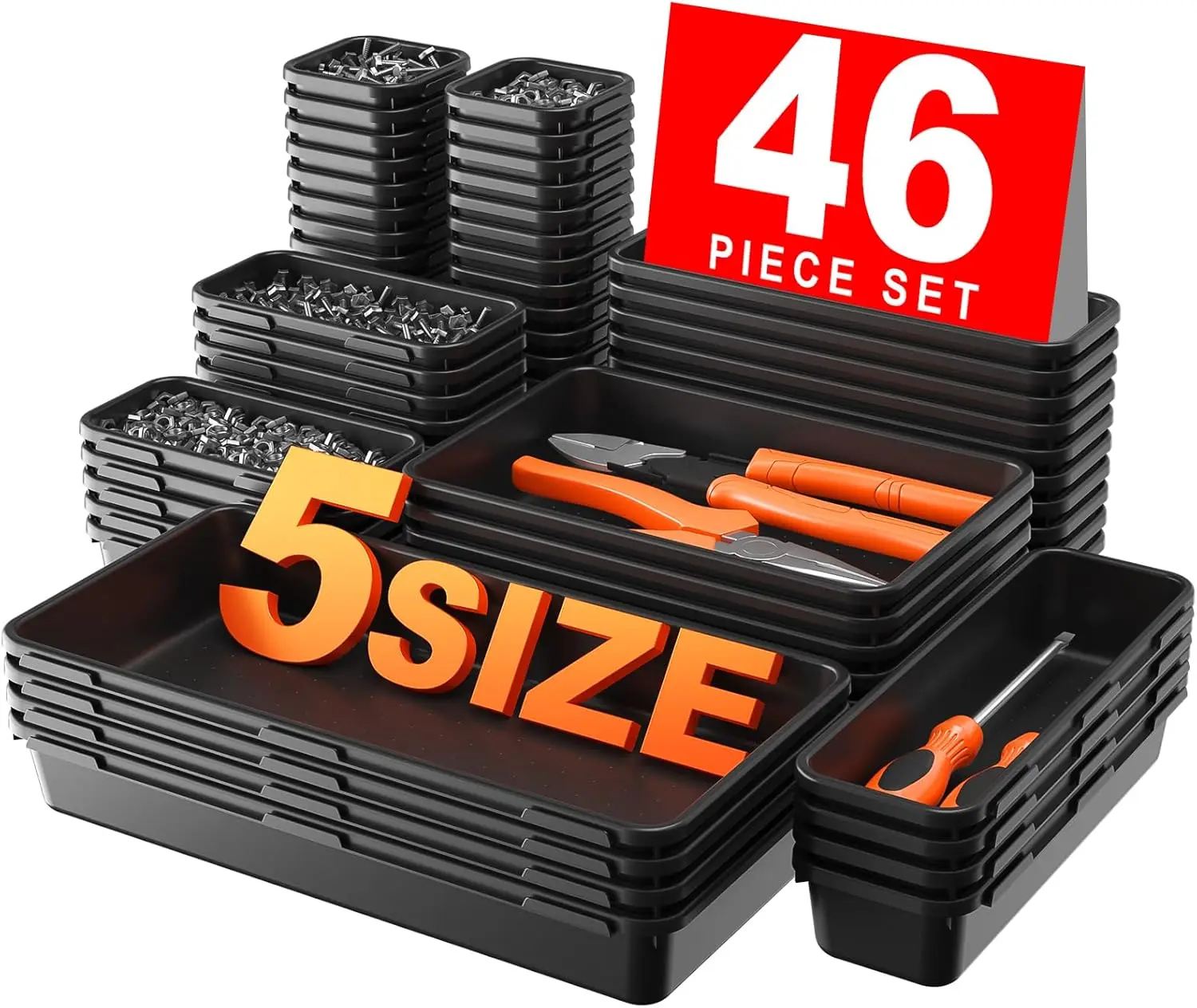 

46PCS 5 Size Tool Box Organizer Tray Divider Set, Black Drawer Organizer for Garage, Workshop, Cabinet