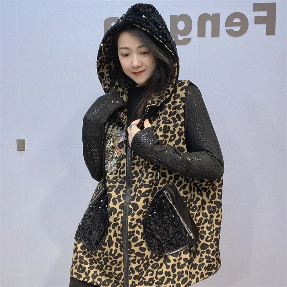 Autumn Leopard Print Waistcoat Women Vest Casual Loose Sequins Embroidery Hooded Zipper Cardigan Coats Chaqueta De Mujeres