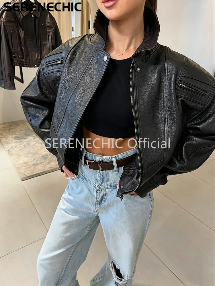 SERENECHIC Textured PU Aviator Coat with Elastic Hem Women's Black Cropped Faux Leather Jacket New Vintage Outerwear Female
