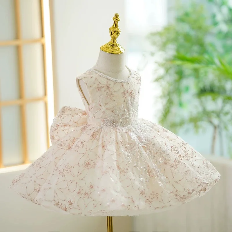 Dreamy Vow Delicate Beige Girl Dress Sleeveless Tulle Floral Embroidery Bow Detail for Kids Holiday Party Short Ball Gown J418