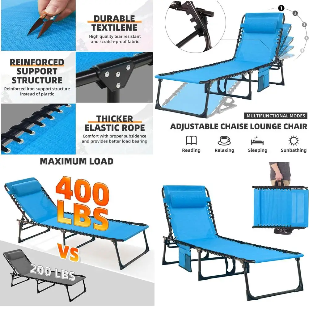 

Portable Heavy-Duty Chaise Lounge Chair - 400lb Capacity Adjustable Recliner with Pillow for Patio, Pool, Camping (Blue)