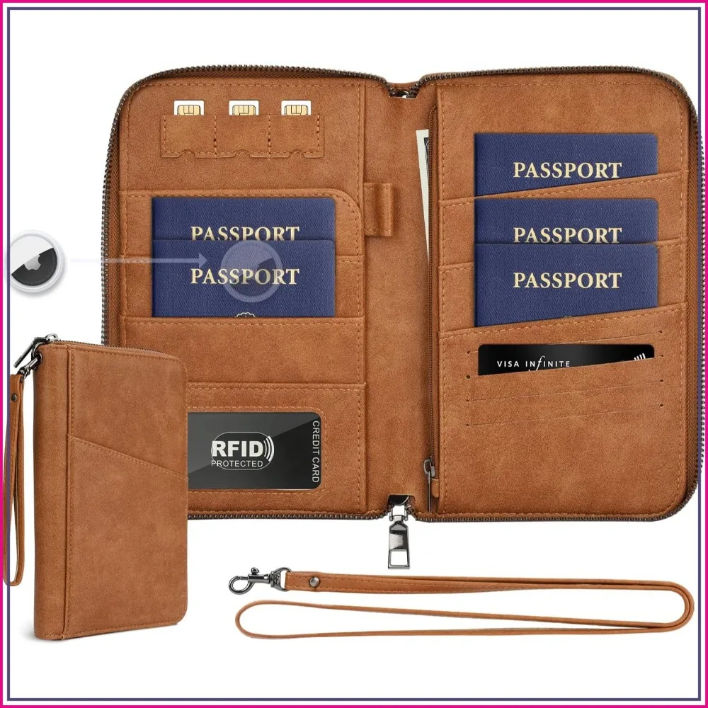 RFID Travel Document Organizer for Women Men, Passport Holder Wallet with Airtag Pocket, Boarding Pass Case with Wrist/Neck Strap, Light Brown