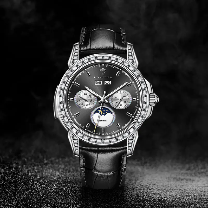 

PONIGER New Automatic Movement Fashion Business Men Watch Stainless Steel Case Waterproof Luminous Calendar Multifunction Clock