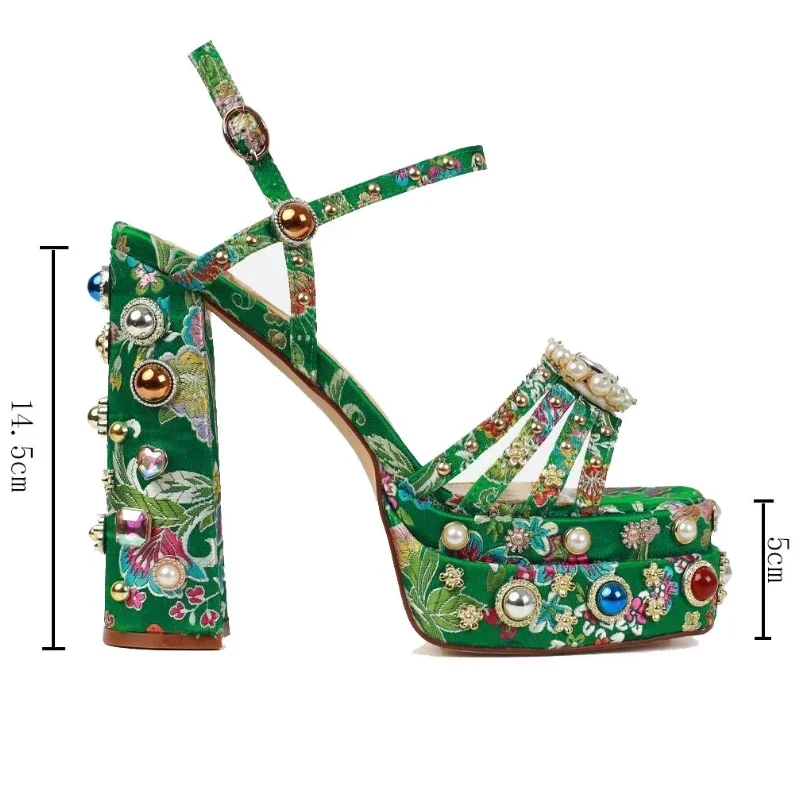 

2024 Summer Satin Rhinestone Gem Sandals 14.5cm High Heel Open Toe Thick Heel Platform Shiny Women's High Heel Shoes Size34-43