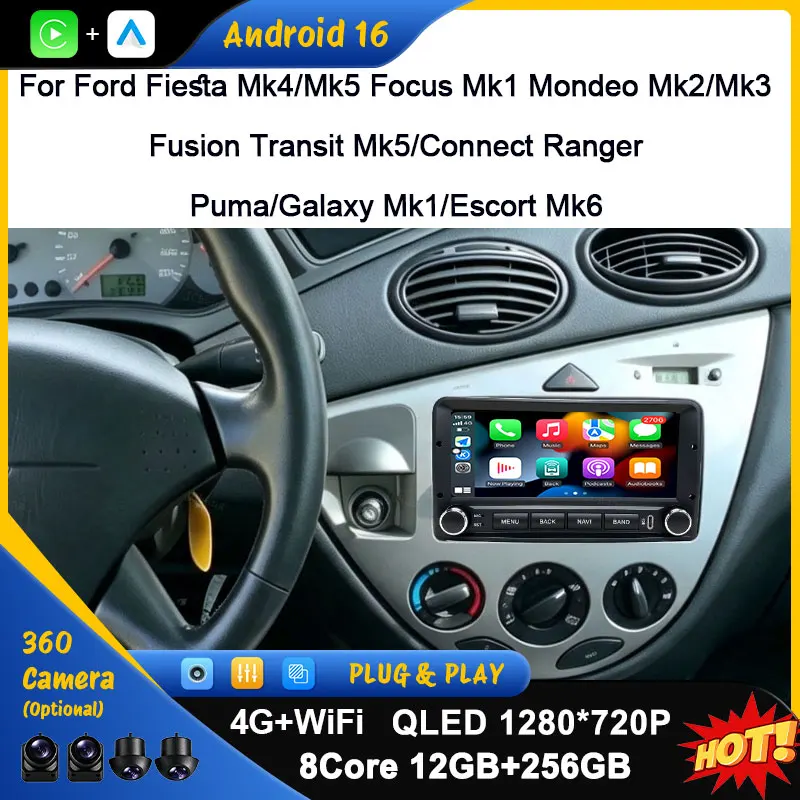 For Ford Fiesta Mk4/Mk5 Focus Mk1 Mondeo Mk2/Mk3 Fusion Transit Mk5/Connect  Ranger Puma/Galaxy Mk1/Escort Mk6 Car Radio 4G QLED