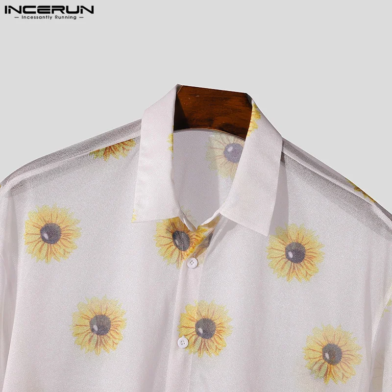 2024 Men Shirt Flower Printing Transparent Lapel Short Sleeve Summer Fashion Men Clothing Streetwear Casual Shirts S-5XL INCERUN