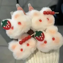 1pc Bingtanghulu strawberry bunny hairpin plush clip cute powder blusher rabbit hairpin autumn and winter hair accessories