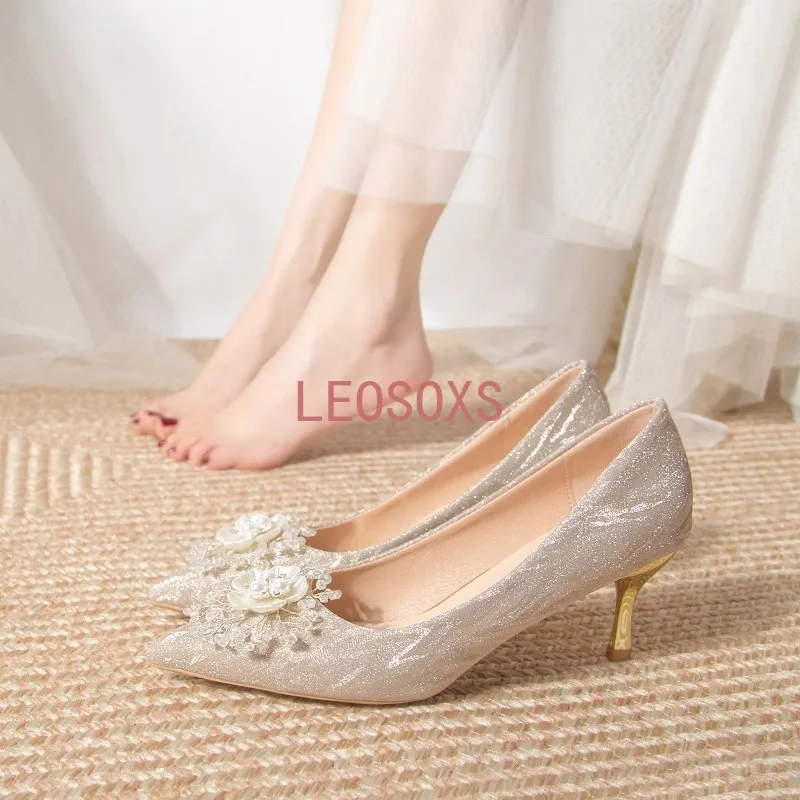 New Shiny Buckle Stiletto Shoes 2023 Women's Pearl Stiletto All-match Wedding Party Shoes Women's Pointed Toe Slip-on High Heels