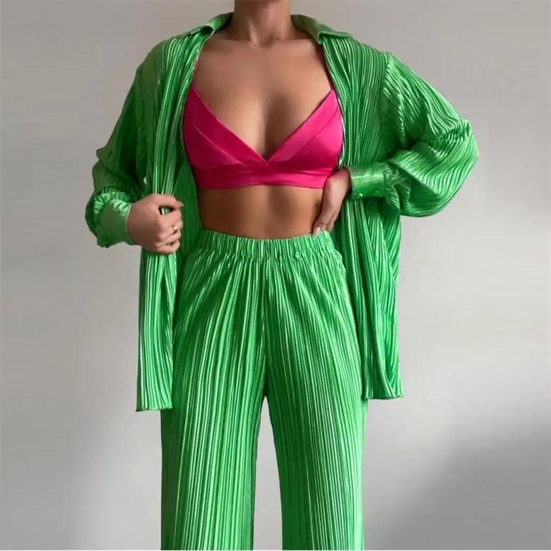 Faionable Women's Pleated Long Sve Collar irt Set Ele Casual Outfit Summer  Collection Sli Ensemble