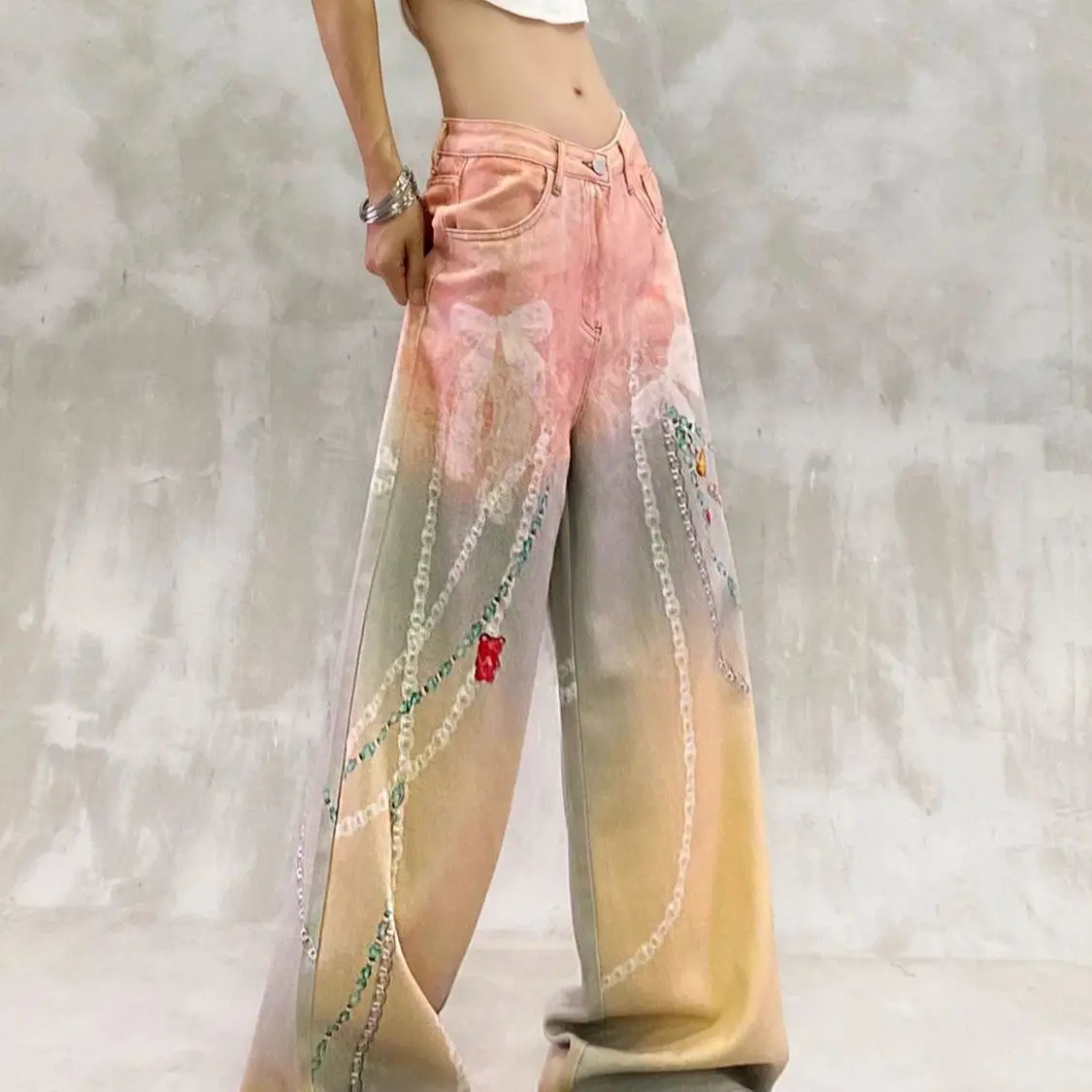 

Large size American personalized color printed jeans women's autumn new Spice Girl loose wide-leg mopping pants