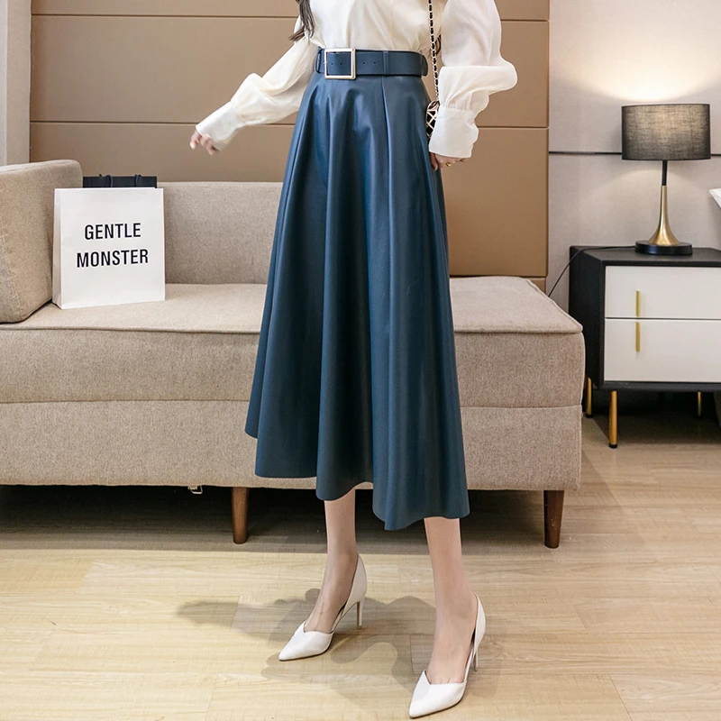 Fashion Solid Faux PU Leather Long Skirts with Belted 2023 New High Waist Umbrella Lady Female Autumn Winter Midiskirts E81