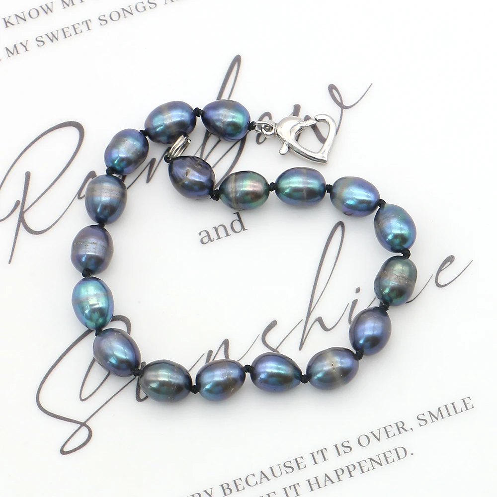 

Unique Baroque-Style Rice-Shaped Peacock Black Freshwater Pearl Spaced Beaded Bracelet 7-8mm Women's Vintage Wrist Jewelry Gift
