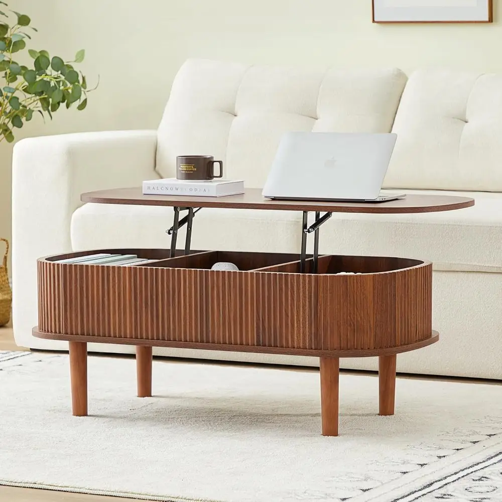 

Fully Assembled Fluted Lift Top Coffee Table with Hidden Compartment, Wooden Center Table, Modern Oval Lift Tabletop for Home Li