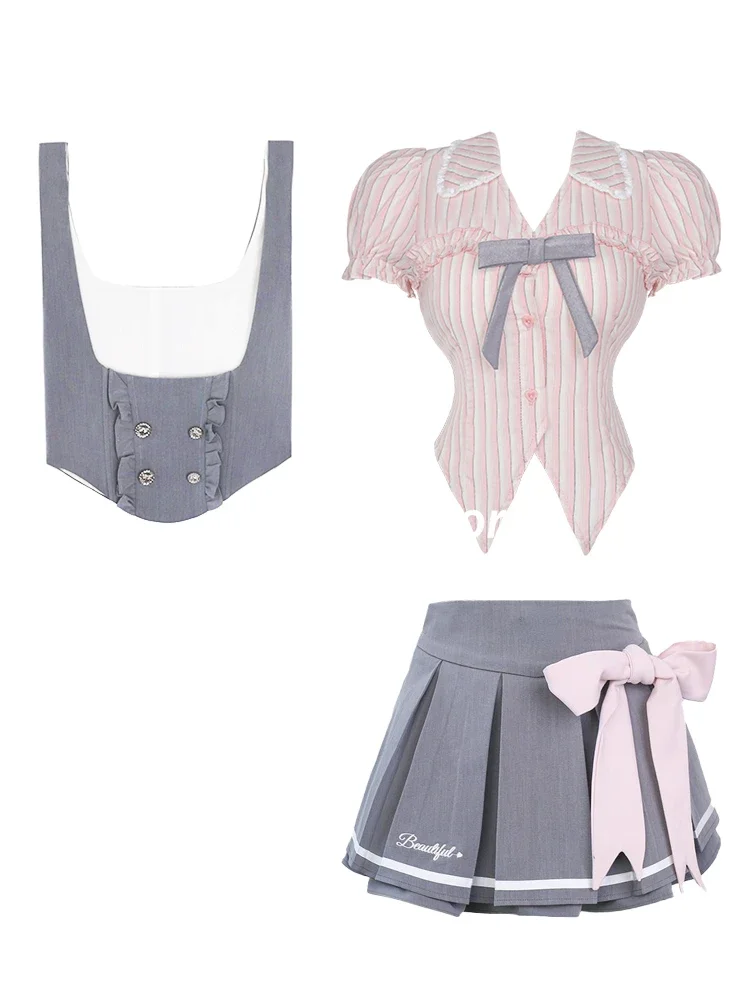 2024 Japanese Sweet Preppy Style Skirt Suit Women Kawaii Slim Striped Blouse + Casual Vest + Cute Bow Mini Skirt 3 Piece Set New