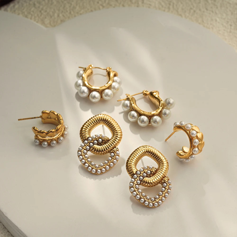 Vintage Stainless Steel Pearl Double Round Earrings for Women Fashion Golden Color Chunky Hoop Earring Statement Jewelry Gifts