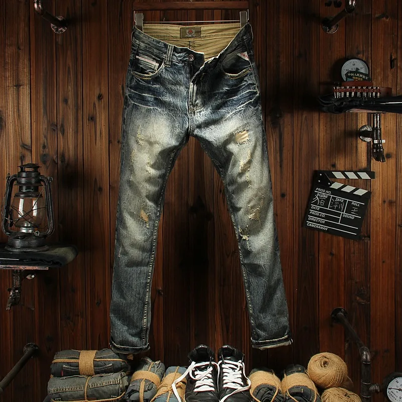 

Spring and autumn ripped jeans for men, slim fit small straight leg, personalized retro trend, heavyweight denim, patched pants