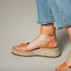 One Strap Sandals Cowhide Summer Lady Hemp Vintage Shoes WomanEspadrilles  Womens Platform Sandal Gladiator Shoes Wedge Sandals