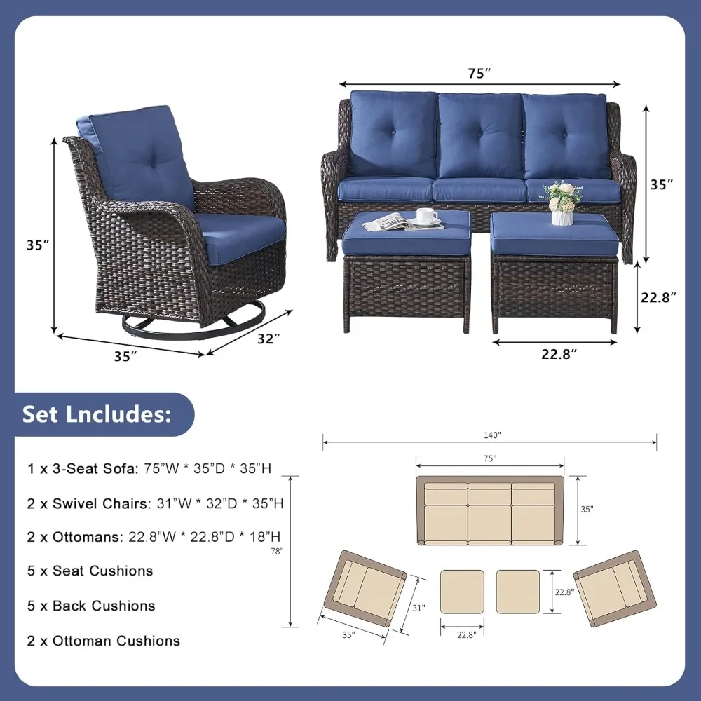 

A Rattan Patio Furniture Set, A 5-piece Rattan Outdoor Sectional Sofa Set, Including 2 Rocking Chairs, 2 Footstools and 1 Sofa