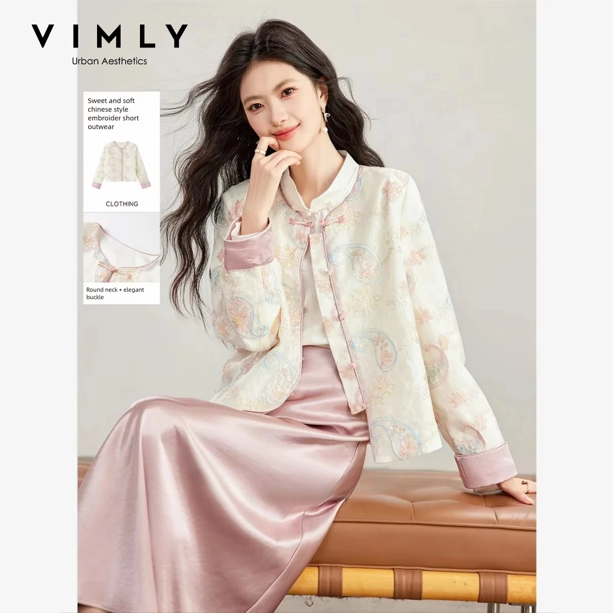 VIMLY New Chinese Style Jacket Women 2026 Autumn Apricot Pink Elegant Embroidery Color Block Coat Fashion Round Neck Top A7580