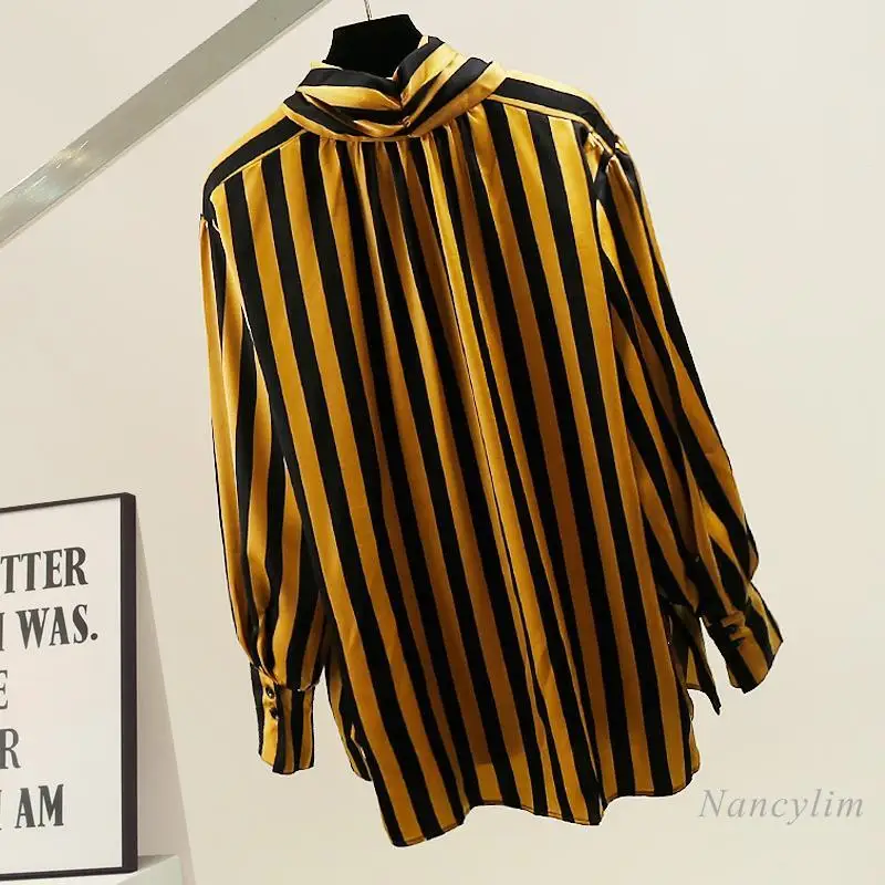 Fashion Heavy Industry's New Bow-tie Striped Shirt Blouse for Women Ladies Long Sleeves Loose and Versatile Tops