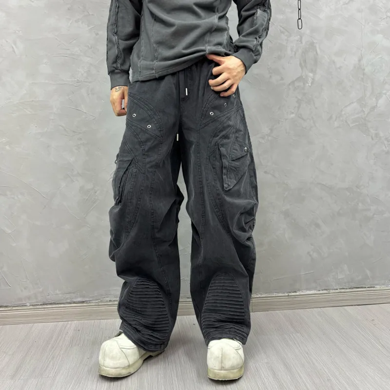 HKSH Spring Autumn New Men Tide Dark Punk Waste Land Retro Washed Deconstructed Patchwork Safari Style Trend Cargo Pants HK28104 view 3