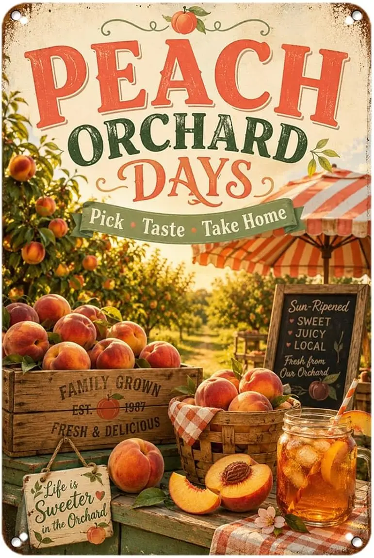 Peach Orchard Days tin Sign, Vintage Peach Farm Metal Signs Aesthetic for Home Bedroom Kitchen Bar Garden & Outdoor Wall Dec