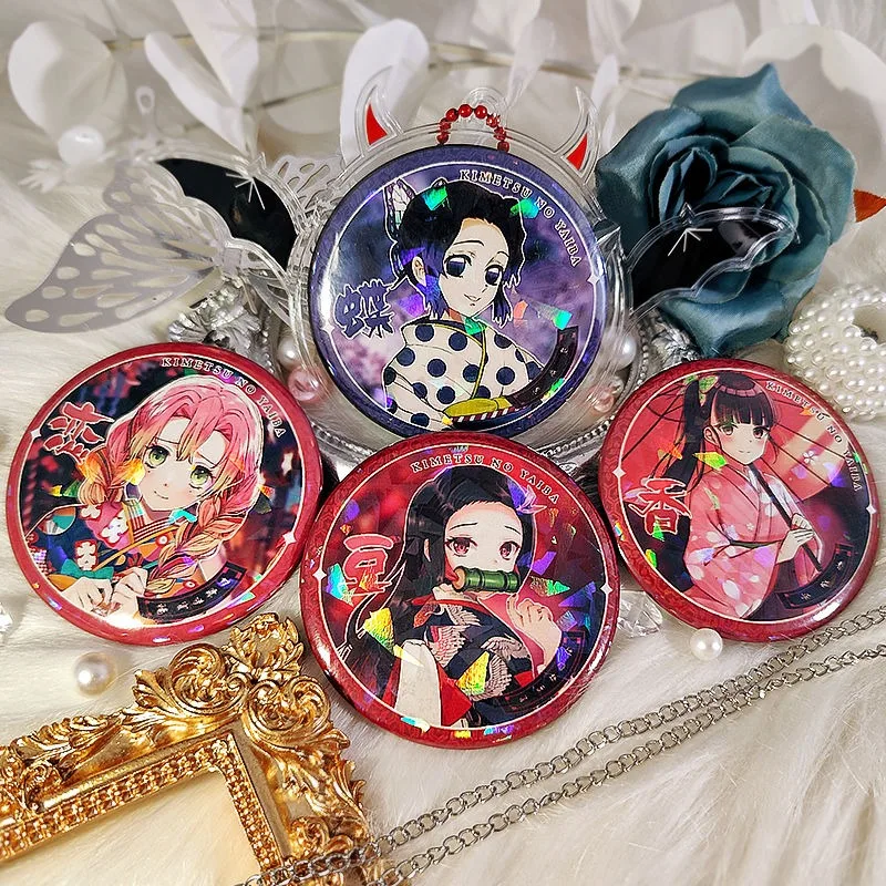 Demon Slayer Kanroji Mitsuri Kochou Shinobu Nezuko Tsuyuri Kanao Laser Badge Anime Peripheral Cute Cartoon Goods Kawaii Brooch