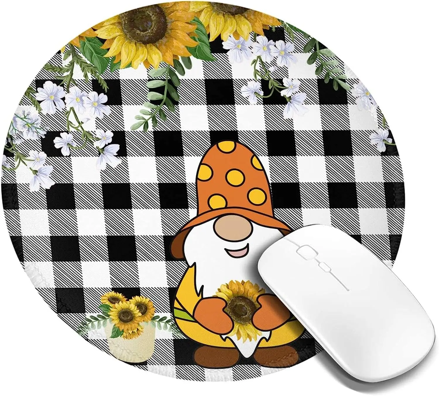 

Round Mouse Pad Funny Gnome Sunflower Black White Check Plaid Personalized Gaming Mouse Mat Non-Slip Mousepad 7.9x7.9 Inch