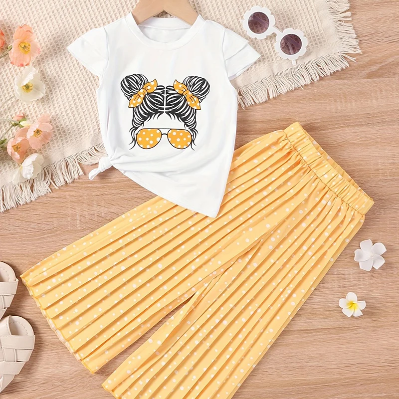 

Fashion Short Sleeved+Wide Leg Pants Casual Two Piece Set Kids Clothes 2 3 4 5 6 7 Years Summer Girls Clothing Sets New Cotton