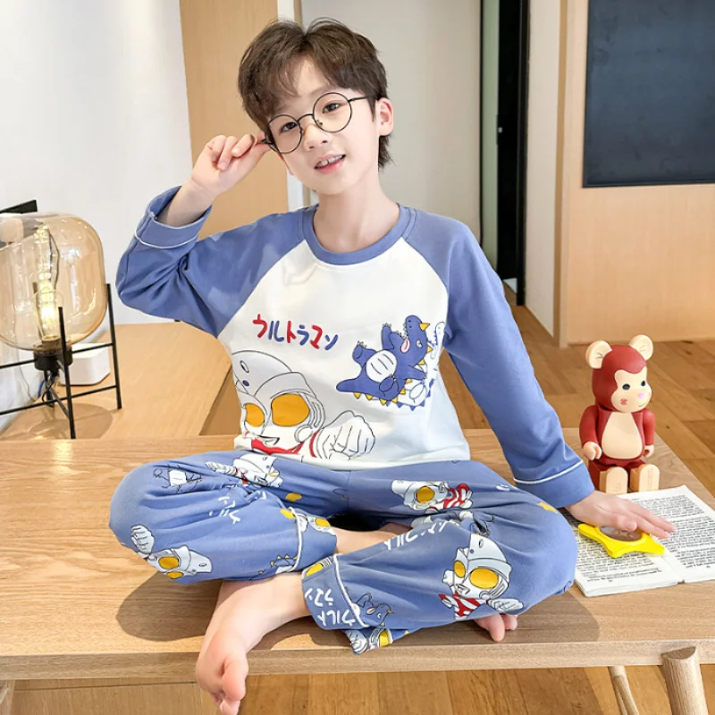 Ultraman Superman spring and autumn cartoon flip round neck pullover boys pajamas new long-sleeved cotton thin loungewear set