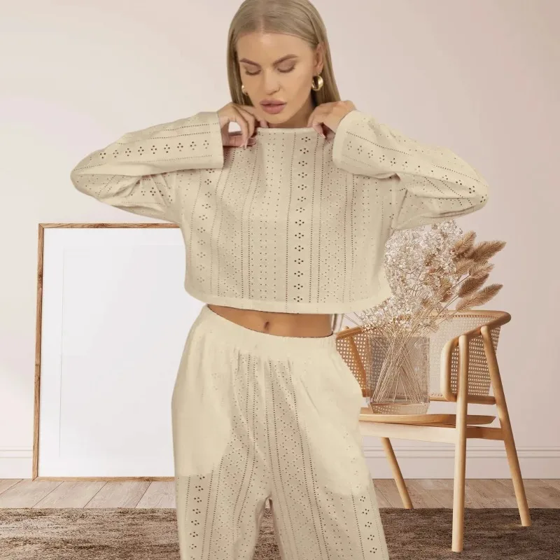 

New Spring and Summer Woemn's Pajamas Set Openwork Jacquard Loose Sexy long-sleeved long pants Sleepwear Homewear