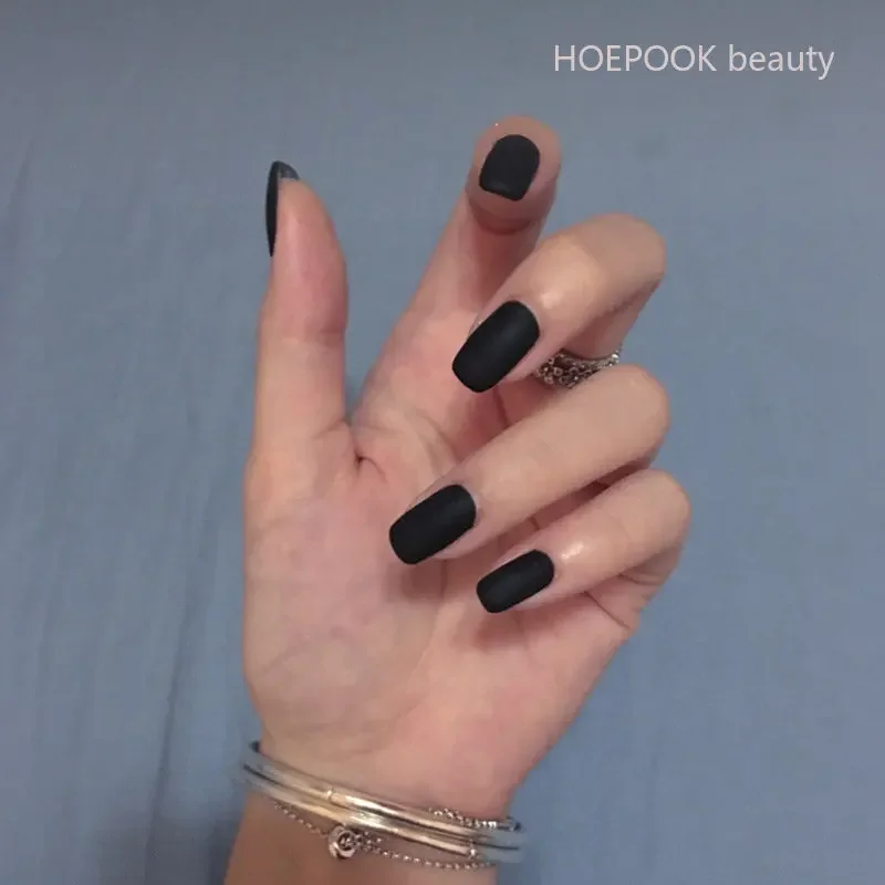 24pcs Soild Black Matte Wearing Fake Nails Art Fashion Colourful Frosted Full Coverage Waterproof Press On False Nail With Tools