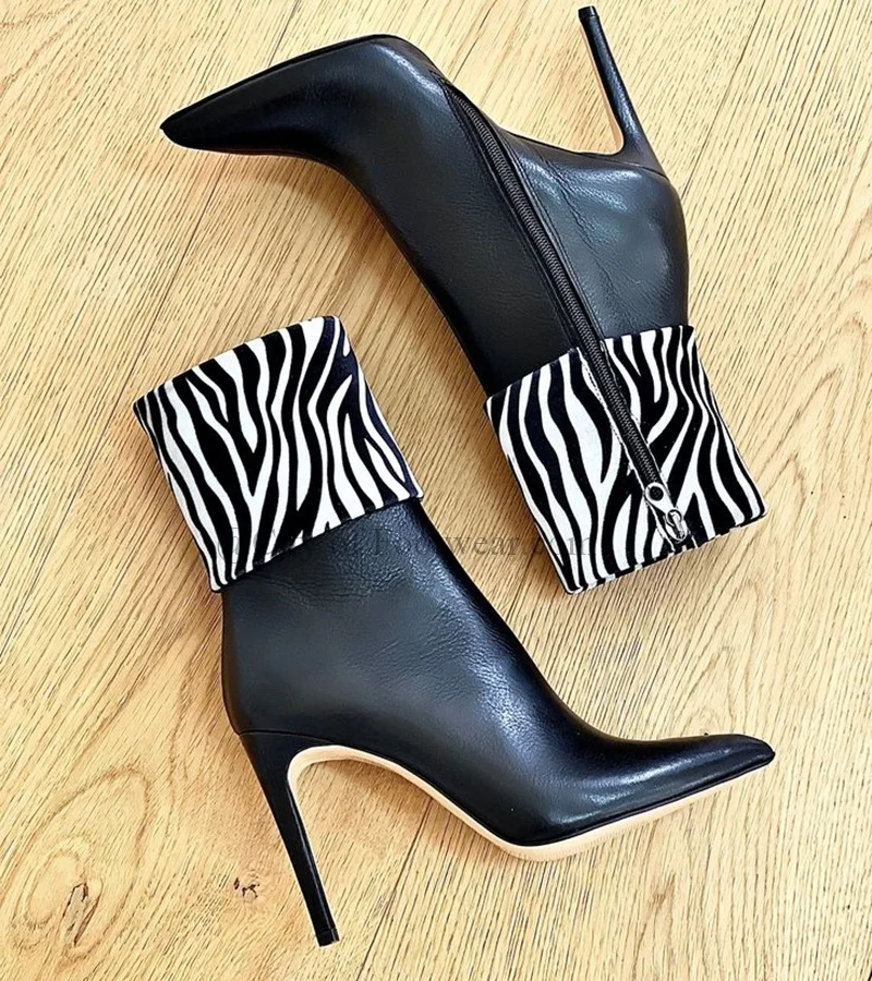 

Pointed Toe Leopard /Zebra Print Sexy Ankle Boots Women Black Fur Leather Thin High Heels Big Size Booties Luxury Designer Shoes