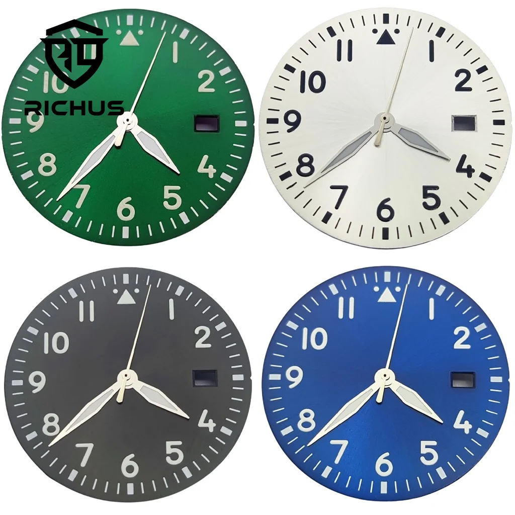 

Циферблат часов RICHUS 33,7 мм с зелеными светящимися стрелками, подходит для механизмов NH34, NH35, NH36, аксессуары для часов