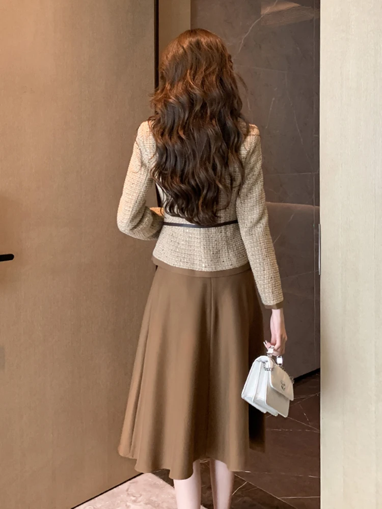 Spring Autumn Women\'s Two Piece Skirt Set Woolen Basic Coat With Belt A Line Skirt Elegant Blazer Work Office Lady Two Piece