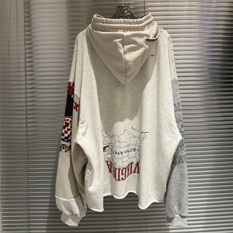 

Худи унисекс оверсайз в стиле пэчворк с эффектом потертости, на молнии, с принтом, винтажный, черно-серый, для мужчин и женщин