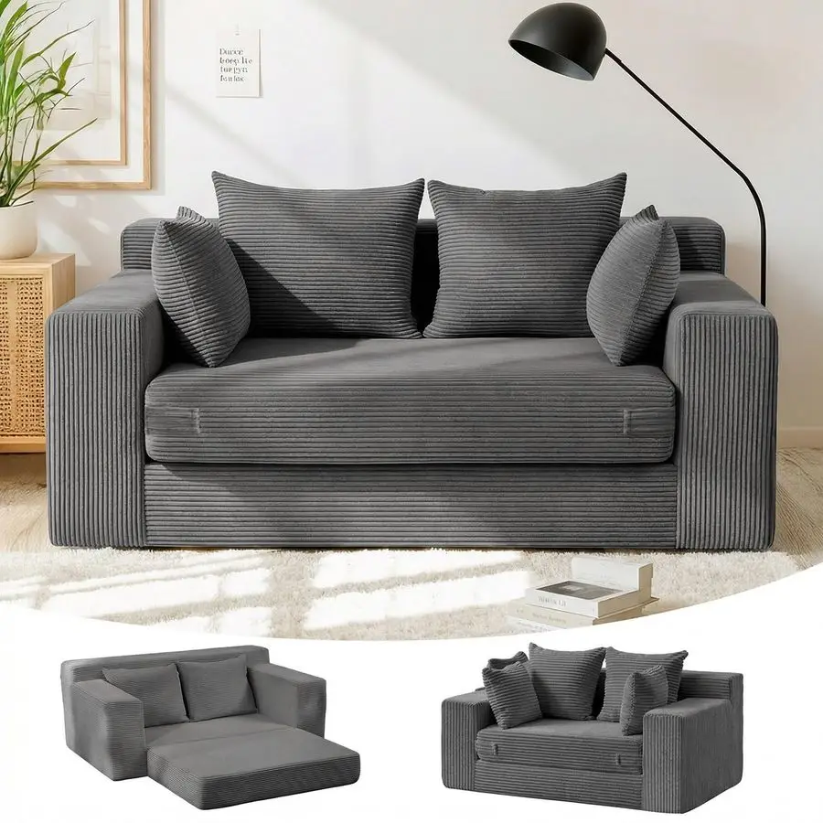 

Бескаркасный диван-кровать 3-в-1, раскладной диван-футон для пола с 4 подушками, серый бескаркасный диван 55 дюймов для гостиной