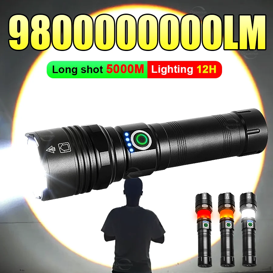 

Ultra Bright LED Flashlight 98000000LM Rechargeable Zoom Flashlights High Power 5000M Tactical Torch Camping Lantern Wrok Lamp