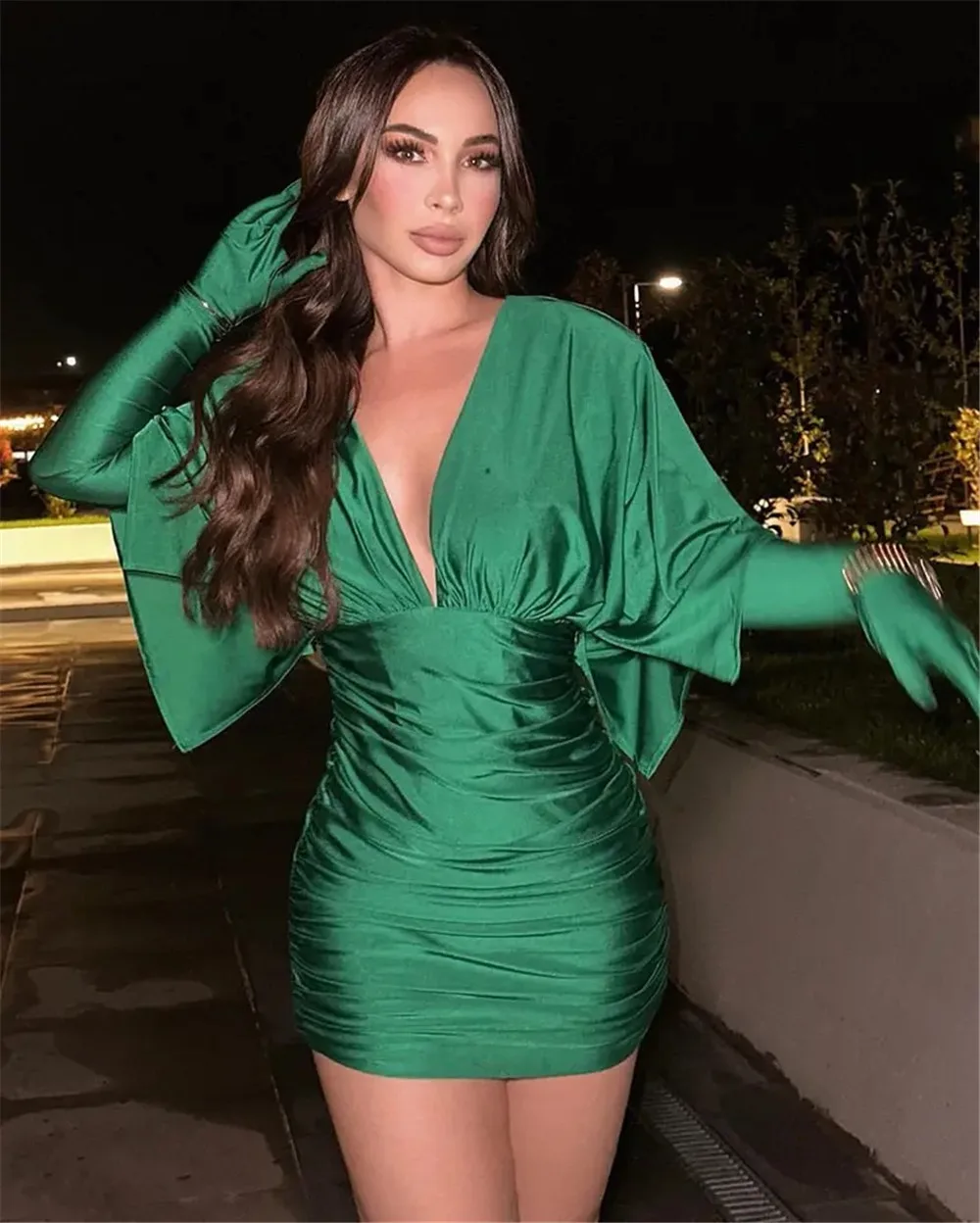 

Elegant Deep V Neck Dress For Women Fashion Ruched Bodycon Mini Vestidos With Gloves Green Fashion Evening Party Club Outfits
