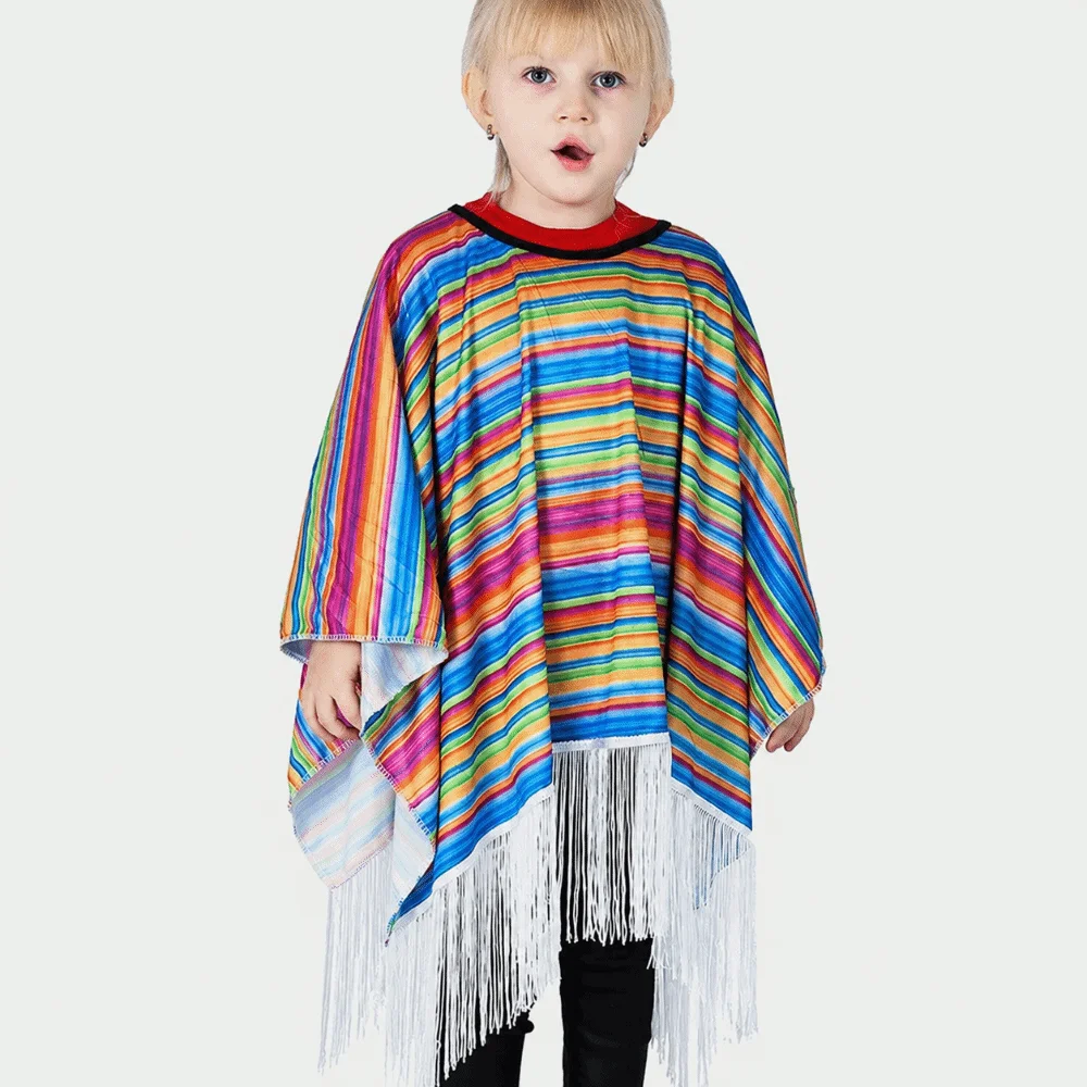 High Quality Colorful Striped Ethnic Style Cloak Tassel Trim Lightweight Mexican Poncho Performance Costume Cape for Kids