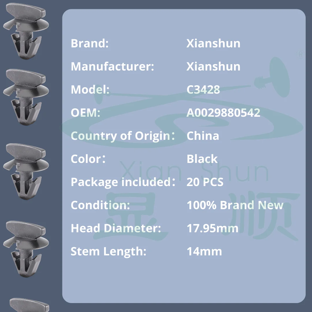 Xianshun 20szt Zatrzask przedniego błotnika Klipsy mocujące do samochodu Mercedes Benz W222 W246 W242 C117 X222 A 0029880542
