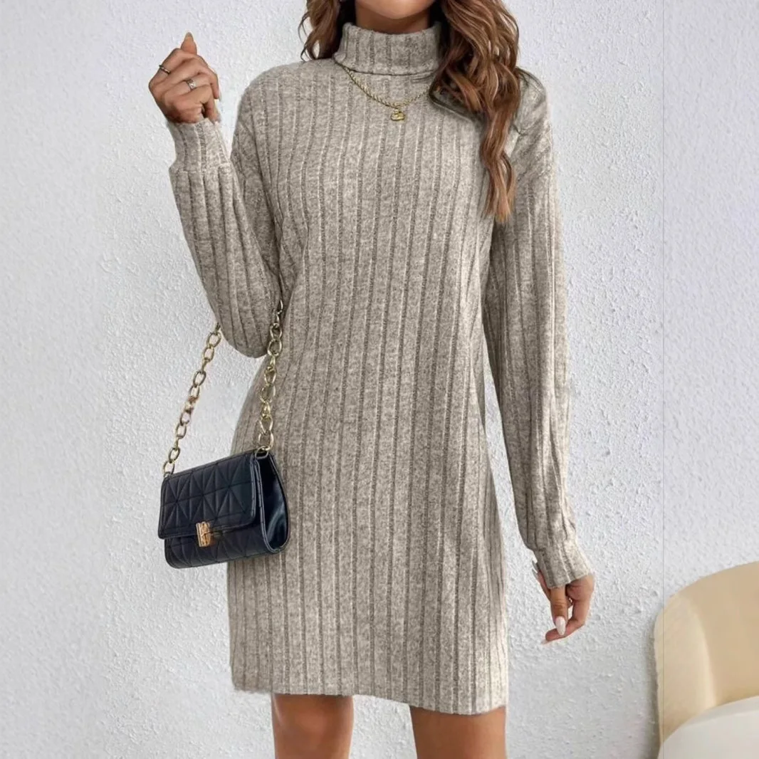 Elegancka sukienka z dzianiny prążkowanej, damska, luźna, z długim rękawem, z wysokim kołnierzem, jesienna sukienka midi, damska, modna, na imprezę, vestidos.