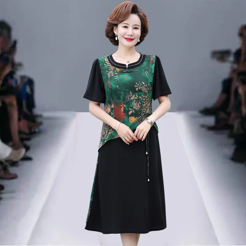 

Middle-aged Woman Cheongsam Patchwork Chiffon Dress Women Short Sleeve retro Womens Dress Midi Dresses