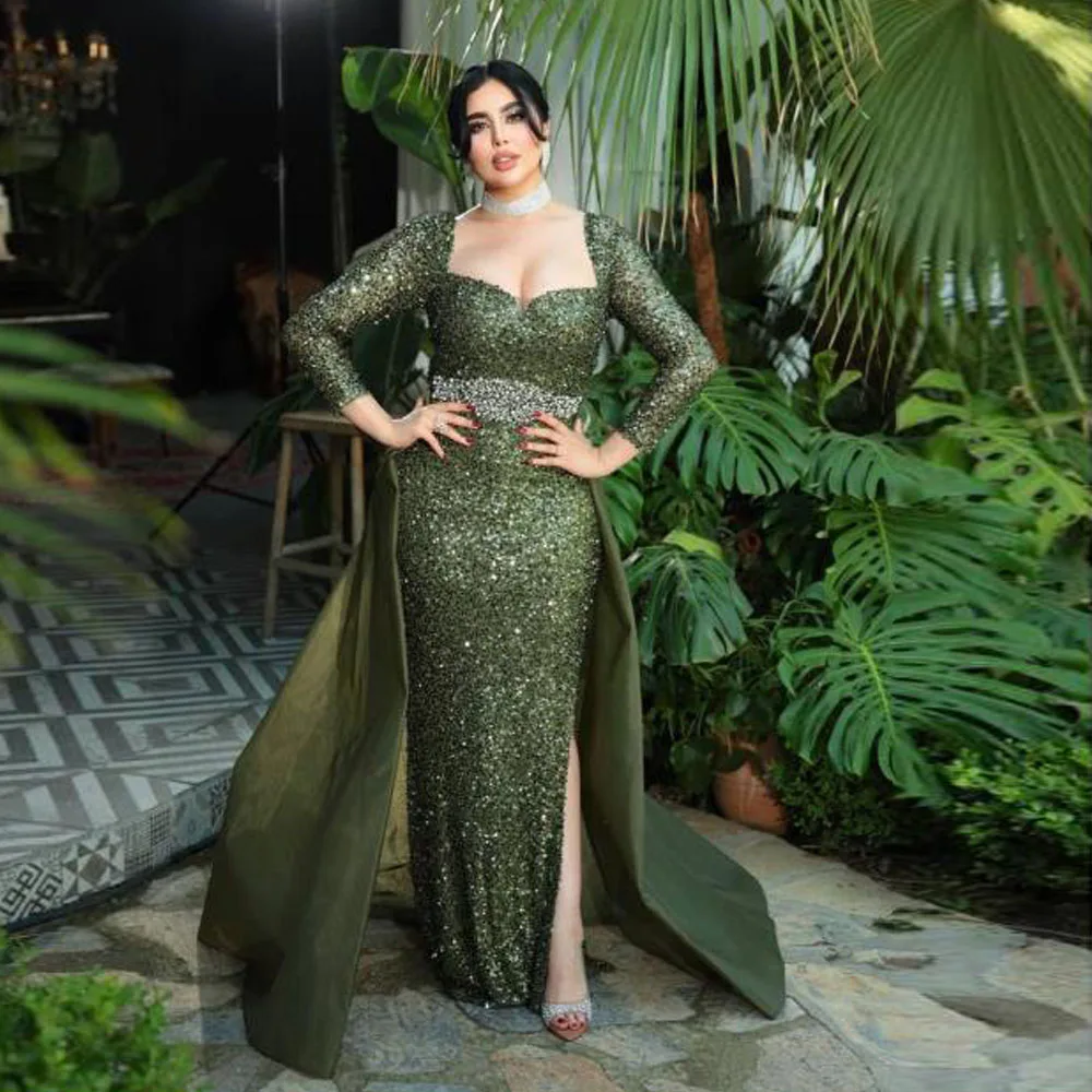 

Customized Sequin Meramdi Evening Dresses with Detachable Train Square Neck 3/4 Sleeve Birthday Party Dress for Women