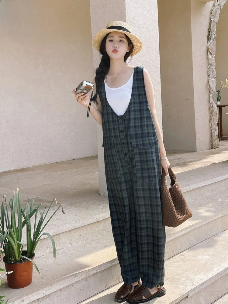 

Ретро клетчатый комбинезон с широкими штанинами, женские летние новые свободные повседневные комбинезоны с высокой талией, длинные брюки, эксклюзивные онлайн-комбинезоны