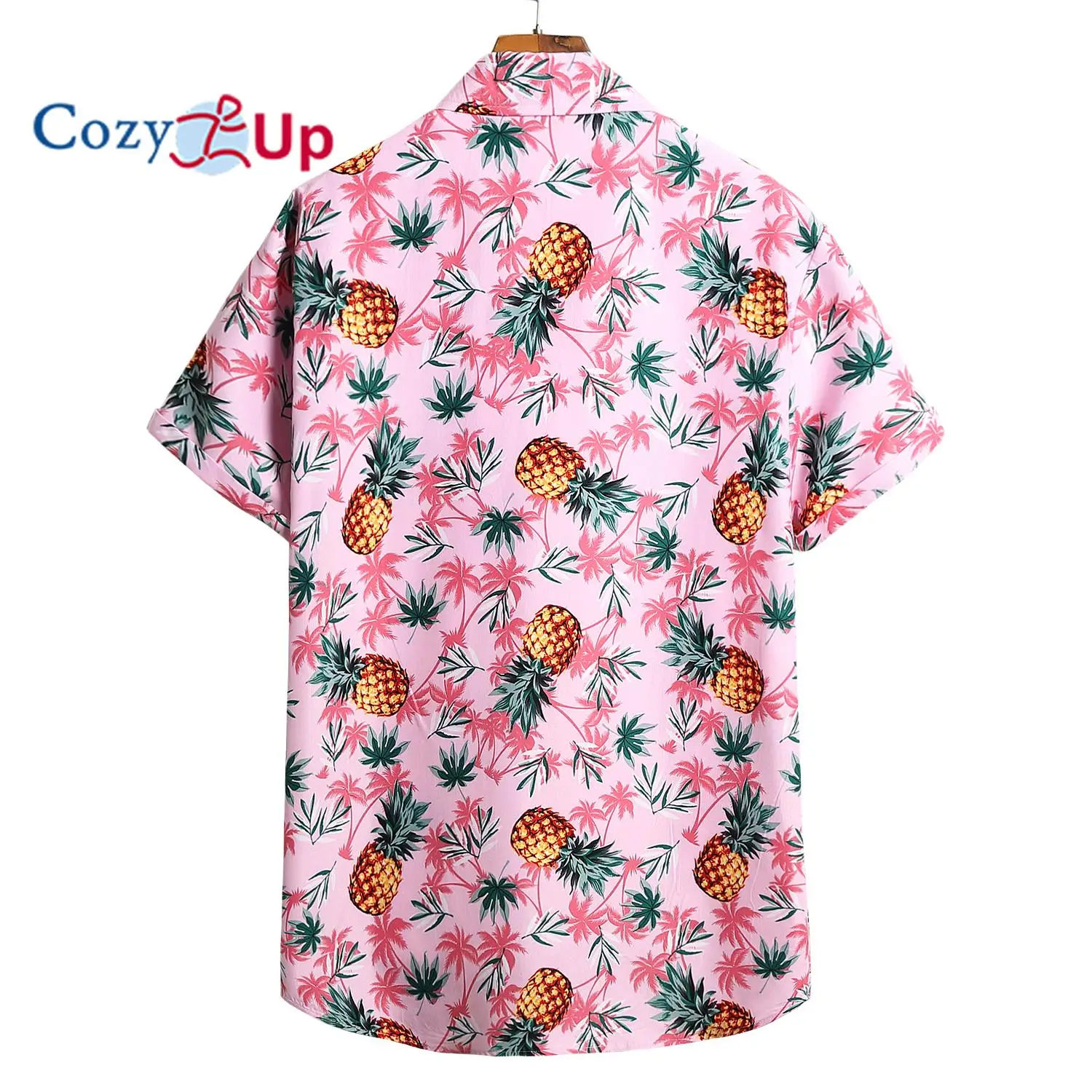 Cozy Up Pink Pineapple Pattern Casual Short Sleeve Shirt, Men's Hawaiian Shirt For Summer Vacation Resort