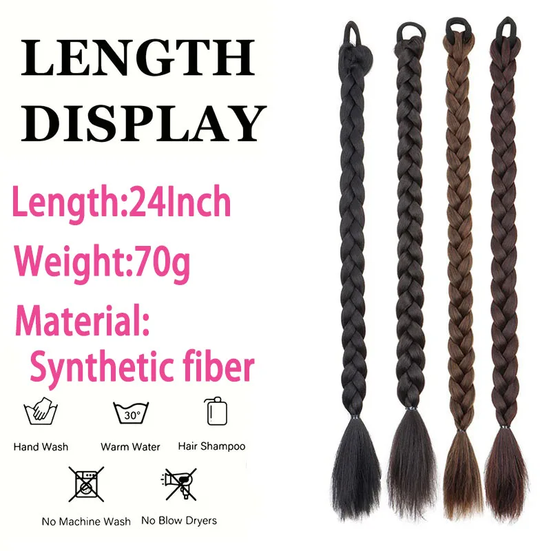 24Inch Synthetic Long Straight Box Braided Ponytail Hair Extension Elastic Rubber Band Hairpiece for Women Daily Party