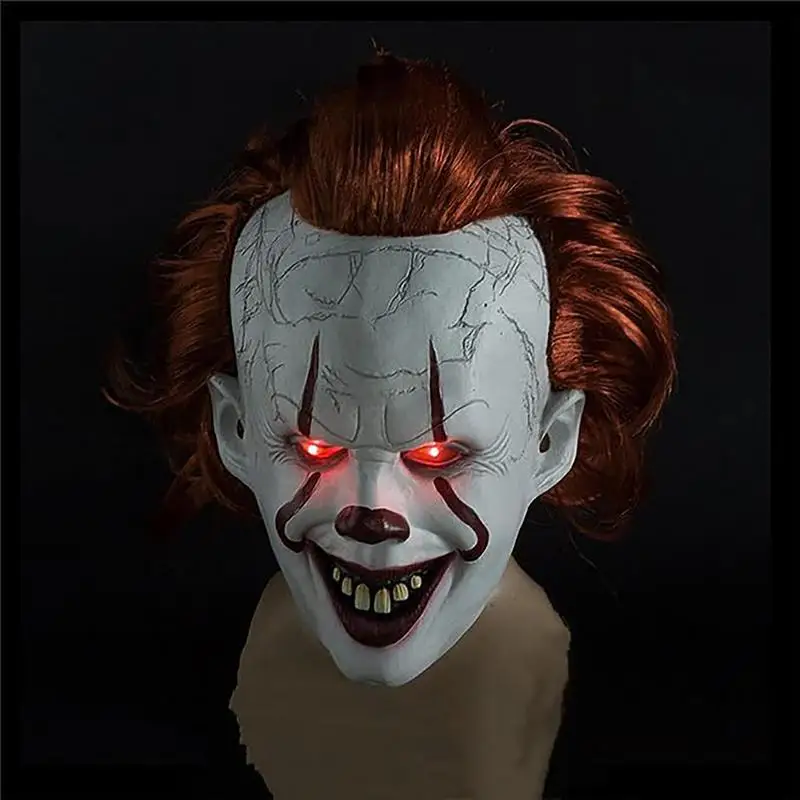 Horror Clown Mask Head Cover LED Light Up Adjustable Halloween Face Shield Cosplay Halloween GrimaceCarnival Party Props